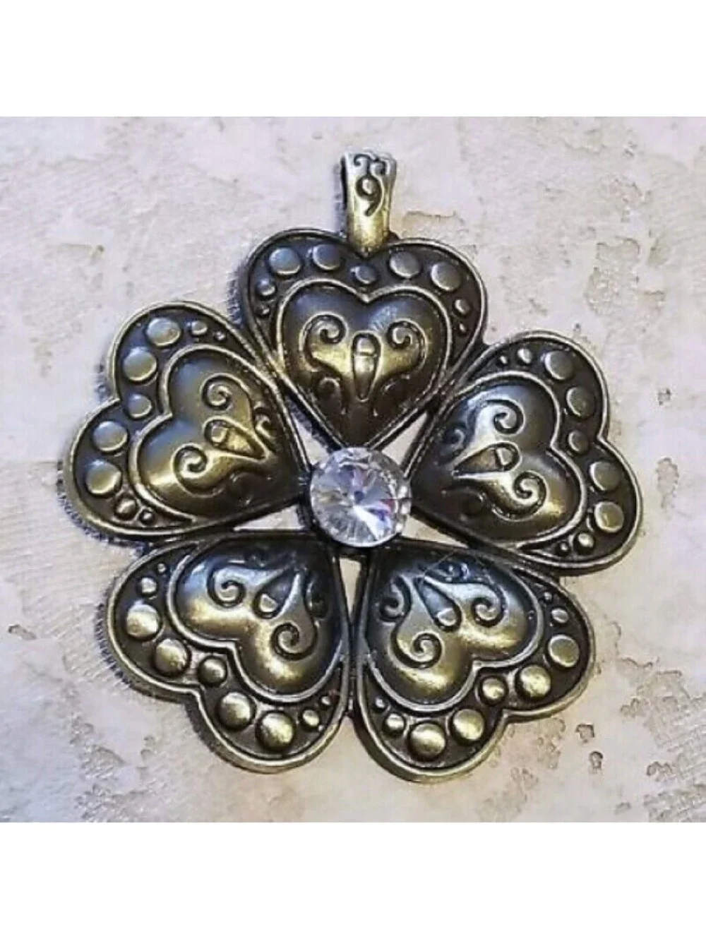 Art Deco Carved Heart Flower Statement Pendant Antiqued Brass Rhinestone 65mm